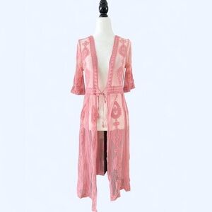 Forgotten Grace Womens Pink Lace Kimono Fairy Core Boho Festival Coverup Small